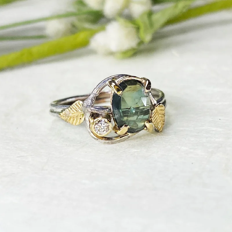Jewelry Sale Bonanza – Grab Your Sparkle Now 14k White and Yellow Gold Green Sapphire Leaf Ring