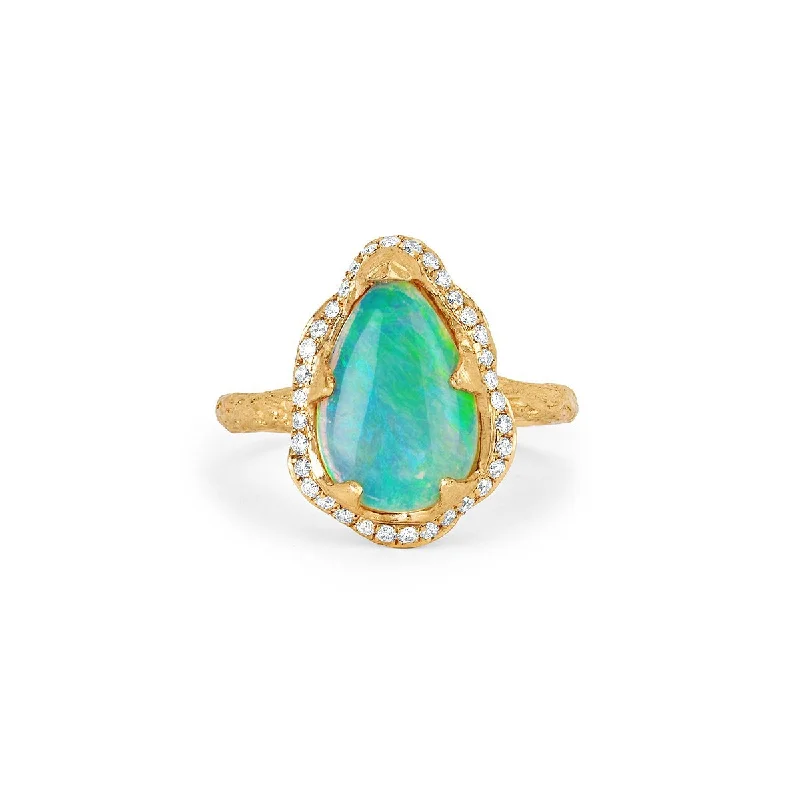 Shop Handcrafted Jewelry At Special Promotional Rates 18k One of A Kind Water Drop Premium Blue Opal Queen Ring with Pavé Diamond Halo | Ready to Ship