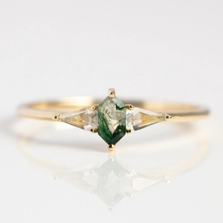 Dainty Floral Jewelry For Feminine Elegance Solid Gold Aquatic Agate Elements Hexagon Ring