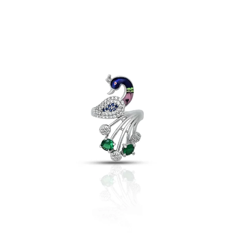 Discounted Jewelry For A Glamorous Look Sterling Silver Green Stone with Peacock Design Ring for Girls