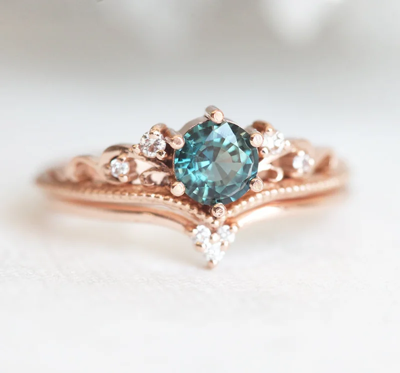 Elegant Designs, Unbeatable Discounts – Shop Jewelry Now Bella Engagement Ring Set: Round Teal Sapphire & Diamonds