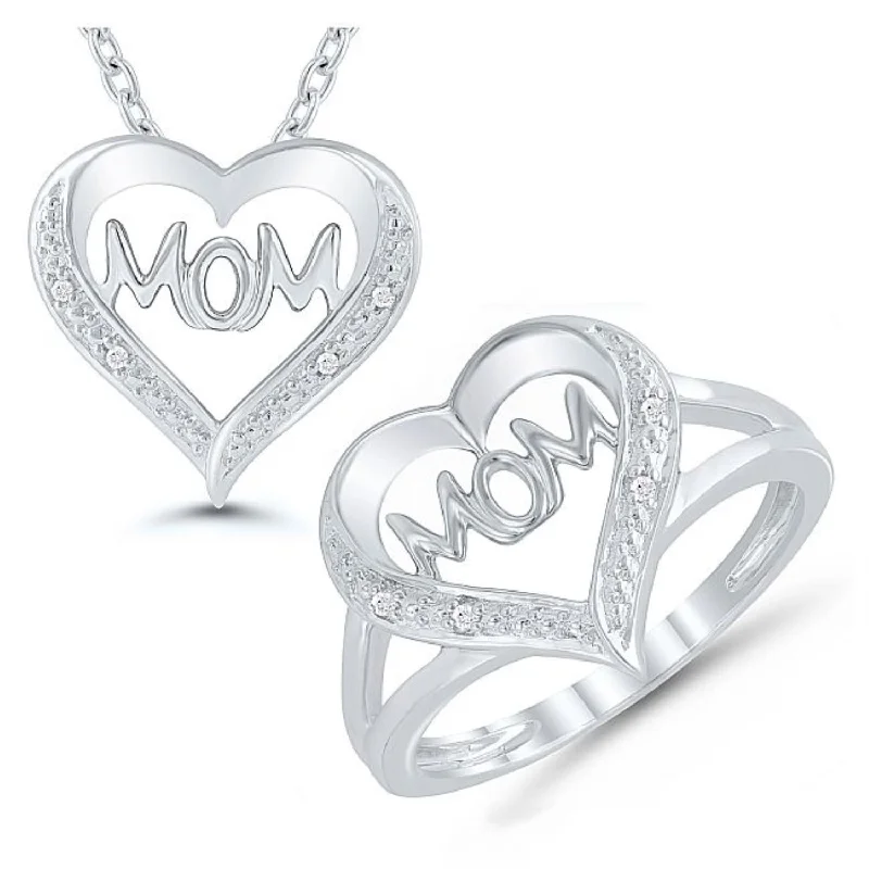 Exclusive Online Discounts On Stylish Jewelry 1/25 CTW Diamond Mom Heart Box Set Ring 18-inch Pendant in Sterling Silver