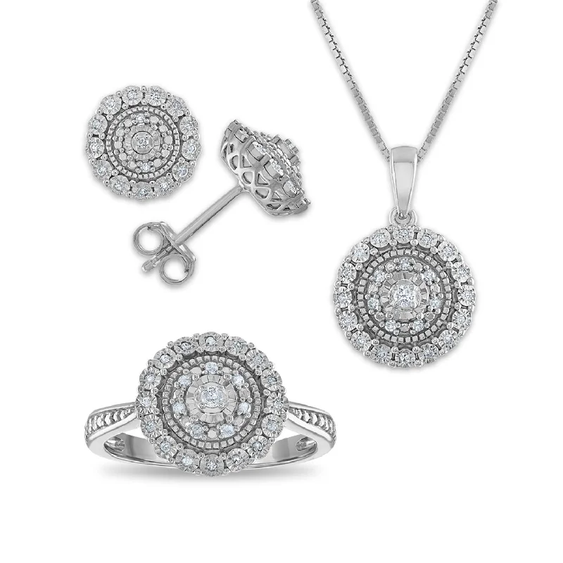 Limited-Stock Jewelry Sale – Once It's Gone, It's Gone 1/3 CTW Diamond Halo Ring Pendant Earrings Set in Sterling Silver