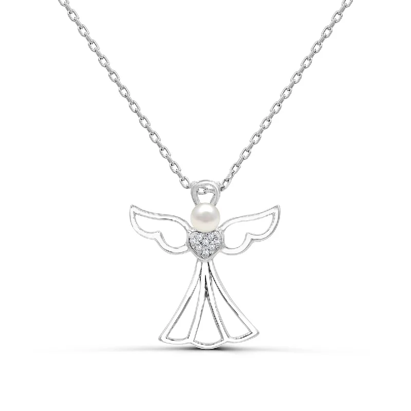 The Ultimate Jewelry Sale – Shop Premium Styles 3.5MM Round Pearl and White Sapphire Angel 18-inch Pendant in Sterling Silver
