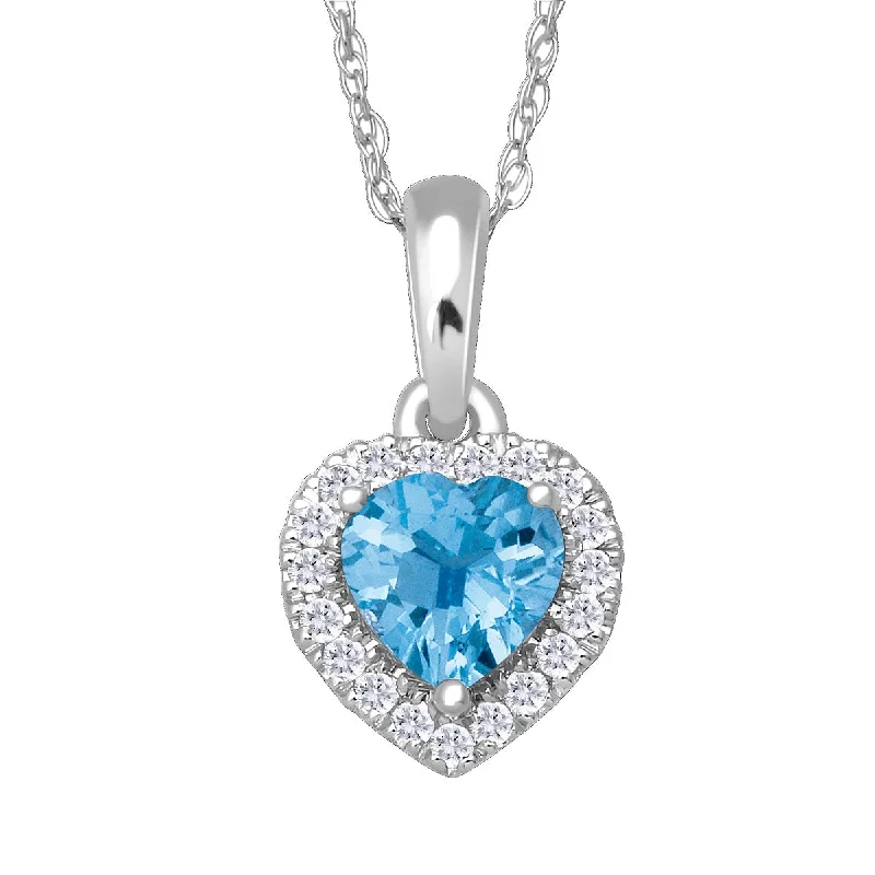 Chic And Stylish Jewelry At Exclusive Prices 5MM Heart Shape Blue Topaz and White Sapphire Birthstone Halo 18-inch Pendant in 10KT White Gold