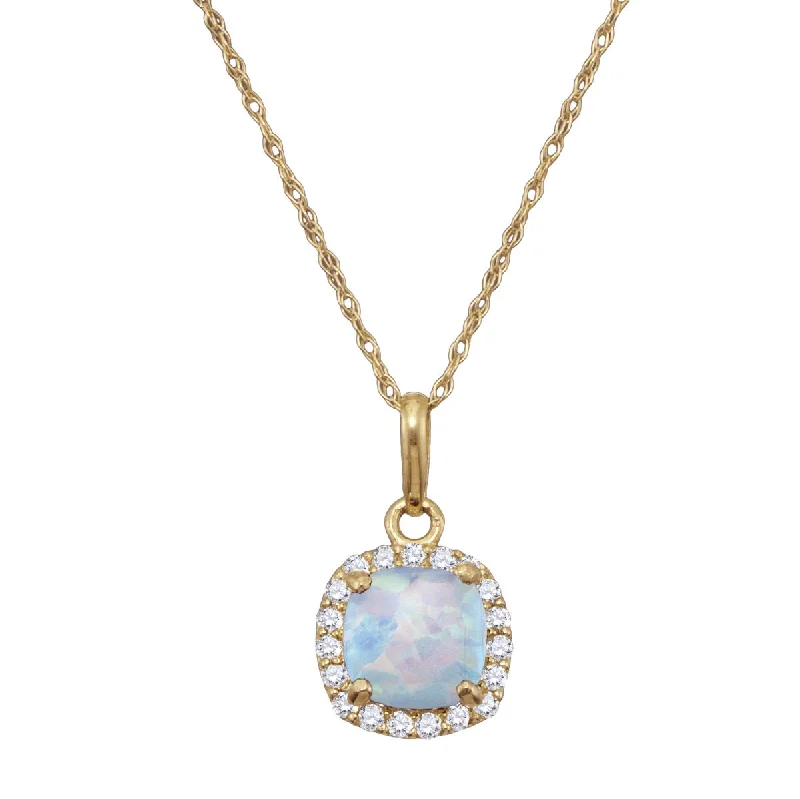 Handmade Pearl Jewelry For Timeless Elegance 6MM Cushion Opal and White Sapphire Birthstone Halo 18-inch Pendant in 10KT Yellow Gold