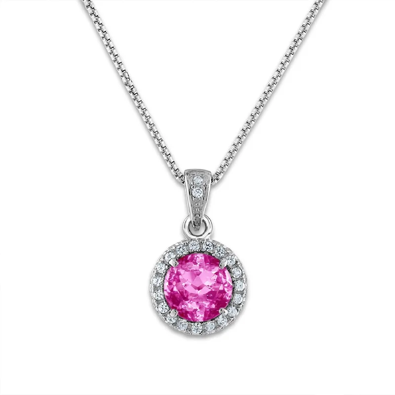 Stunning Jewelry At A Fraction Of The Price 6MM Round Pink Sapphire and White Sapphire Birthstone 18-inch Pendant in Sterling Silver