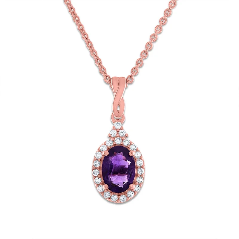 Unique Jewelry For Less – Shop The Sale Now 7X5MM Oval Amethyst and Sapphire Birthstone Halo 18-inch Pendant in 10KT Rose Gold