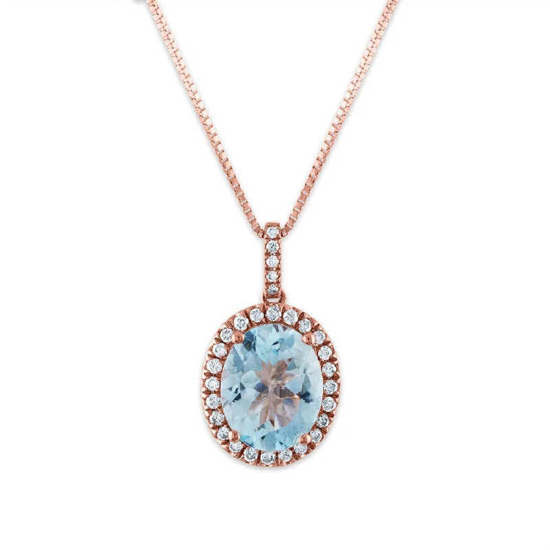 Affordable Elegance – Special Jewelry Sale Now Live 9X7MM Oval Aquamarine and Diamond Halo 18-inch Pendant in 14KT Rose Gold