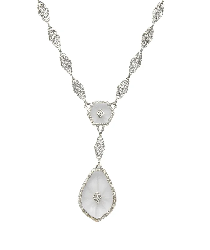 Exclusive Jewelry Sale Event – Shop Now Antique Art Deco Diamond Camphor Glass Platinum 14 Karat White Gold Drop Necklace