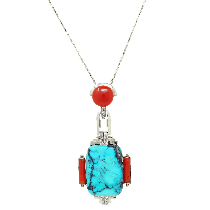Handcrafted Jewelry Sale – Unique Designs At Low Prices Art Deco Diamond Coral Turquoise 18 Karat White Gold Vintage Geometric Pendant Necklace