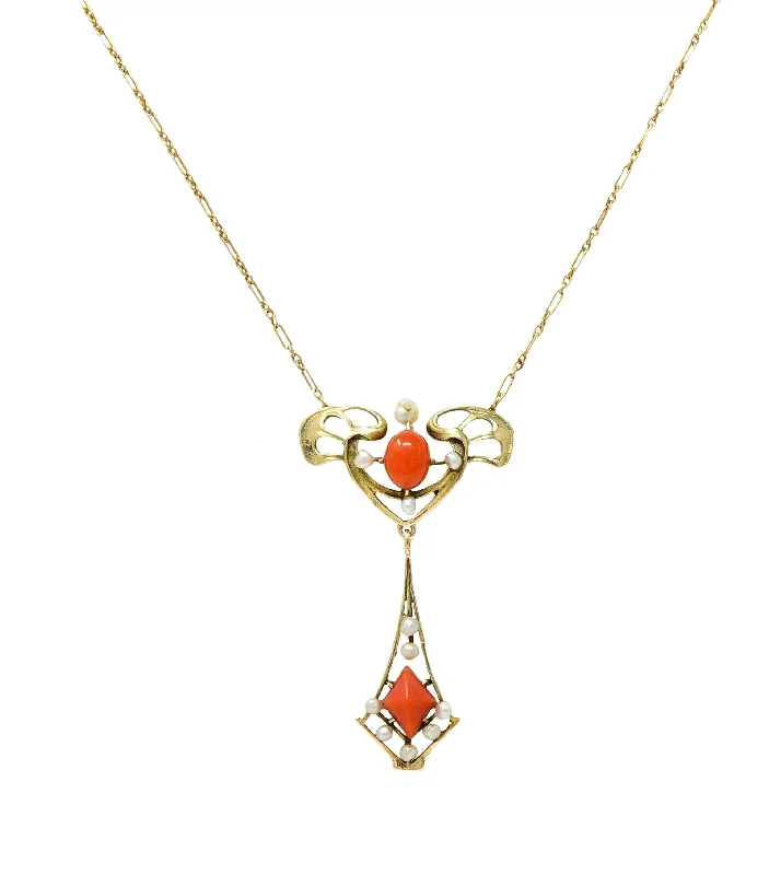 Chic And Stylish Jewelry At Exclusive Prices Art Nouveau Pearl Coral 14 Karat Yellow Gold Whiplash Antique Station Drop Necklace