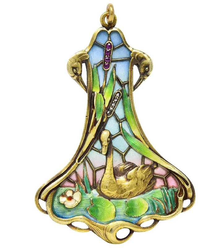 Get Ready To Sparkle – Special Jewelry Discounts Art Nouveau Plique-A-Jour Enamel 14 Karat Gold Antique Swan Bird Lake Lily Pad Pendant Necklace