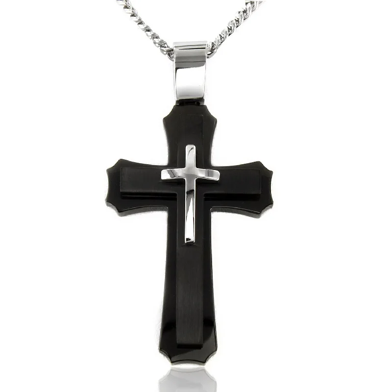 Customized Silver Jewelry For Unique Style Black Stainless Steel 24-inch Cross Pendant