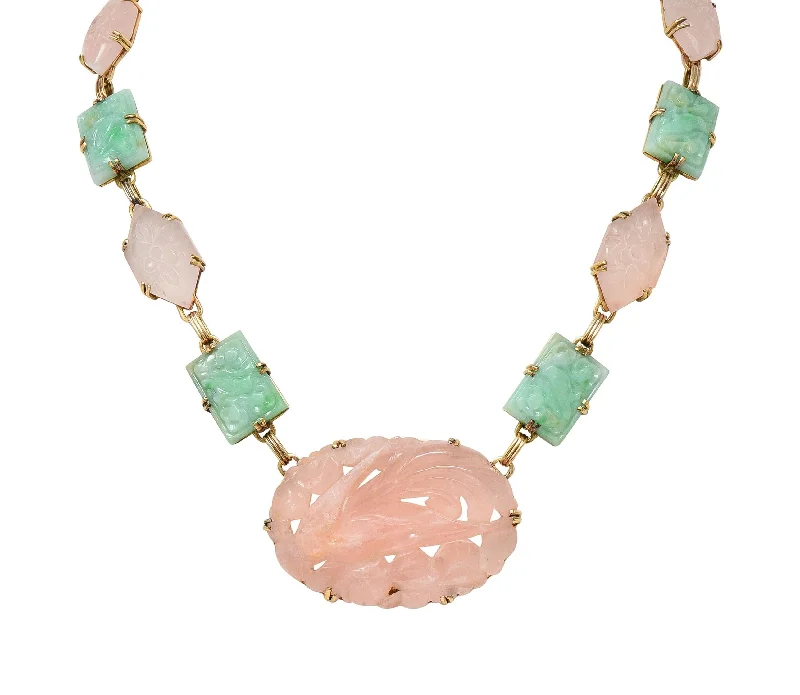 High-Quality Gemstone Jewelry For Special Occasions Early Art Deco Jade Rose Quartz 14 Karat Yellow Gold Antique Station Necklace