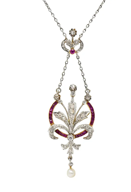 Grab Your Favorite Jewelry At The Lowest Prices Edwardian 1.40 CTW Diamond Ruby Pearl Platinum 18 Karat Gold Antique Bouquet Necklace