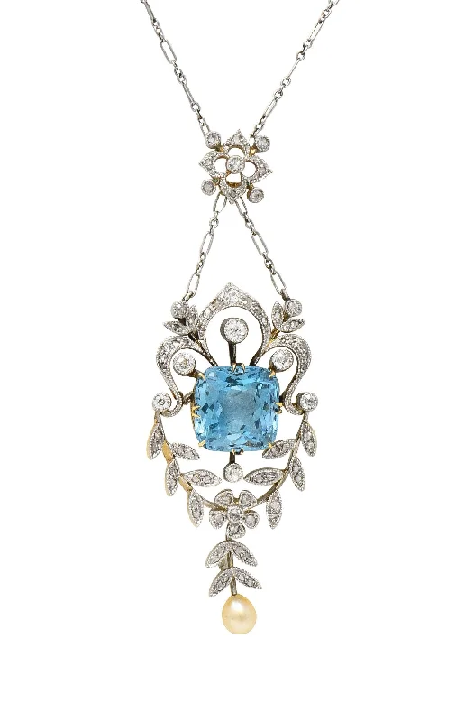 Trending Jewelry Styles Now At Limited-Time Discounts Edwardian 6.00 CTW Aquamarine Diamond Pearl Platinum 18 Karat Gold Antique Lavalier Necklace