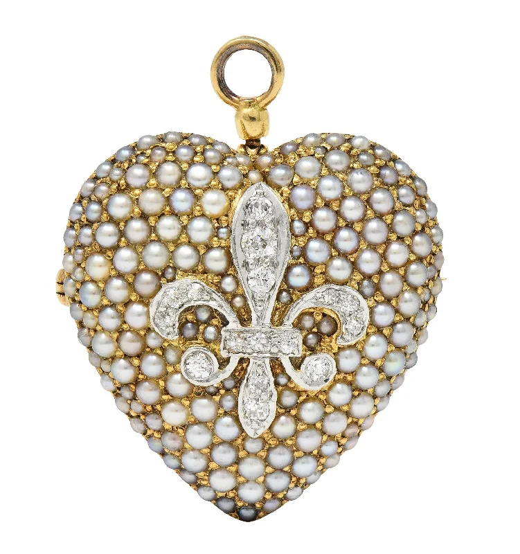Elegant Jewelry, Exclusive Prices – Shop Now Edwardian Diamond Pearl Platinum 14 Karat Yellow Gold Heart Fleur-De-Lis Pendant Antique Brooch