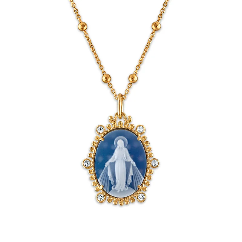 Breathtaking Jewelry At Limited-Time Savings Frank Ronay Collection Blue Agate and Cubic Zirconia 20X16MM 18-inch Virgen Milagrosa Pendant in 18KT Yellow Gold Plated Sterling Silver