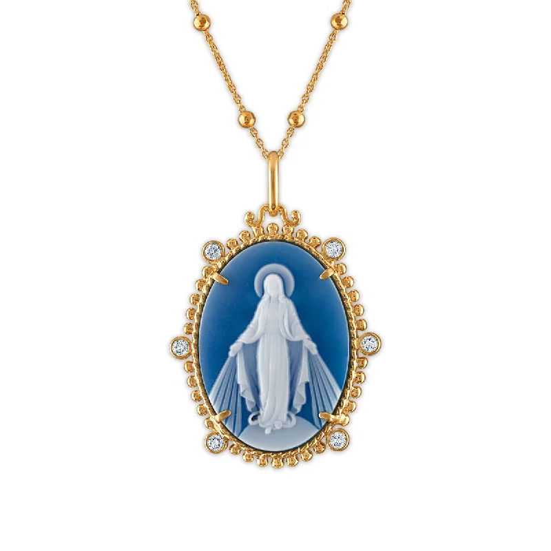 Elegant Rose Gold Jewelry For A Stylish Touch Frank Ronay Collection Blue Agate and Cubic Zirconia 25X18MM 20-inch Virgen Milagrosa Pendant in 18KT Yellow Gold Plated Sterling Silver