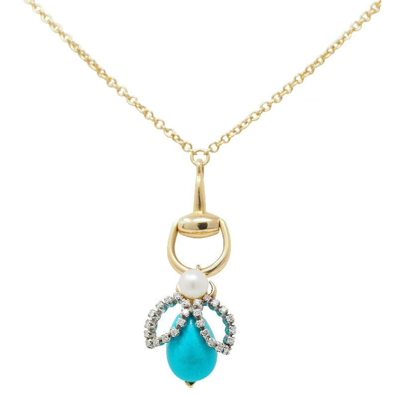 Exclusive Gemstone Jewelry Markdowns – Shop Now Gucci Turquoise Pearl Diamond Platinum 18 Karat Gold Horsebit Bee Pendant Necklace