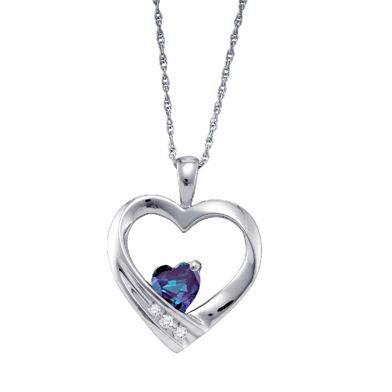 Waterproof Stainless Steel Jewelry For Lasting Beauty Heart Shape Alexandrite and Diamond Birthstone 18-inch Pendant in Sterling Silver