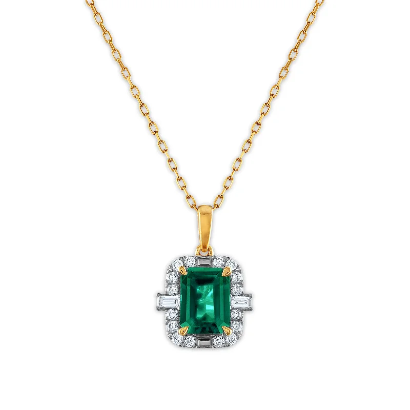 Fashion-Forward Jewelry At Incredible Prices LoveSong EcoLove 8X6MM Emerald Shape Emerald and Diamond Halo 18-inch Pendant in 10KT Yellow Gold