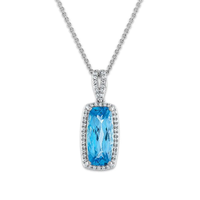 Don't Miss Out On Jaw-Dropping Jewelry Discounts Red Hot Deal 15X7MM Cushion Swiss Blue Topaz and Sapphire Halo 18-inch Pendant in Sterling Silver