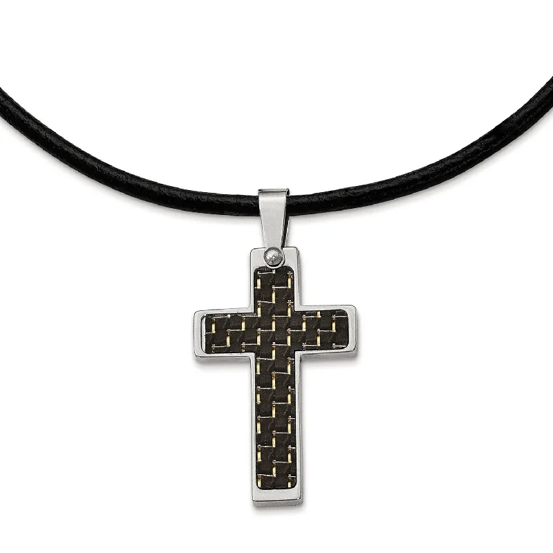 Seasonal Jewelry Deals – Elevate Your Style Stainless Steel Black Carbon Fiber Inlay Cross 18in Leather Cord Necklace