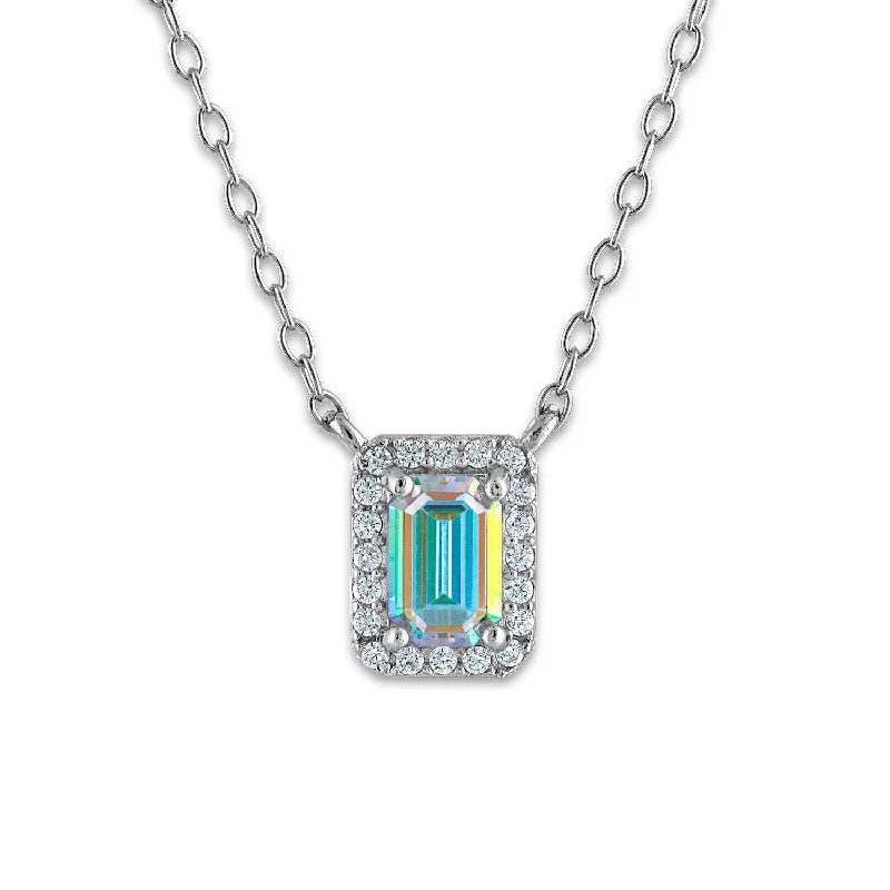 Shop High-Quality Jewelry At Jaw-Dropping Discounts Sterling Silver 8X6MM Emerald Shape Cubic Zirconia 18-inch Halo Pendant