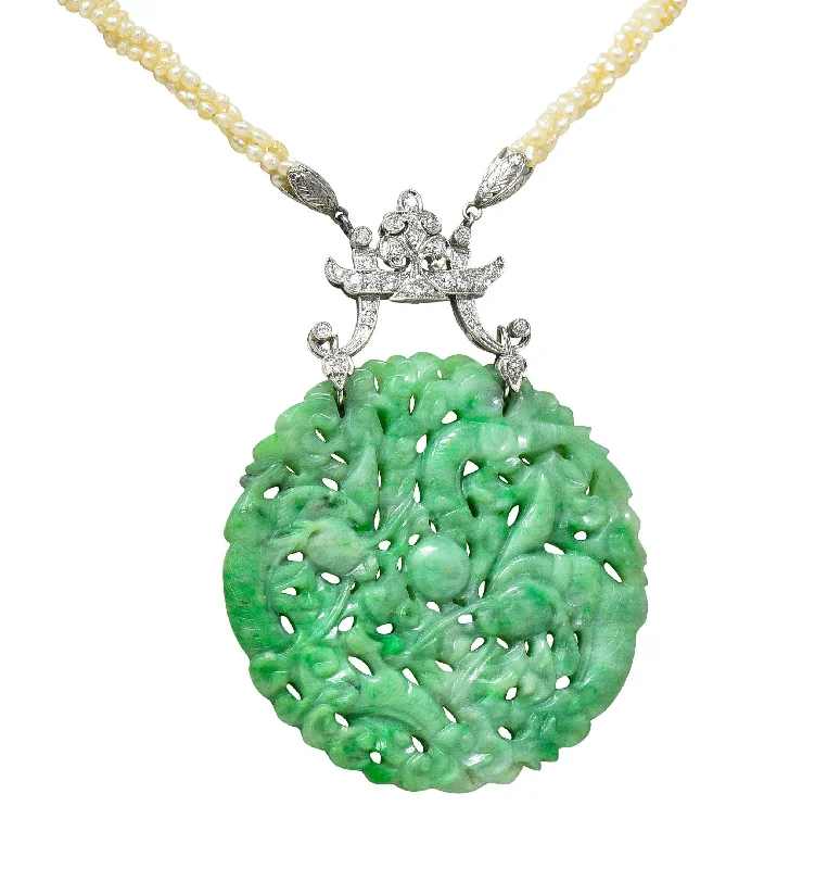 Dazzle In Elegance With Our Biggest Jewelry Sale Tiffany & Co. Art Deco Carved Jade Dragon Seed Pearl Diamond Platinum Sautoir Antique Pendant Necklace