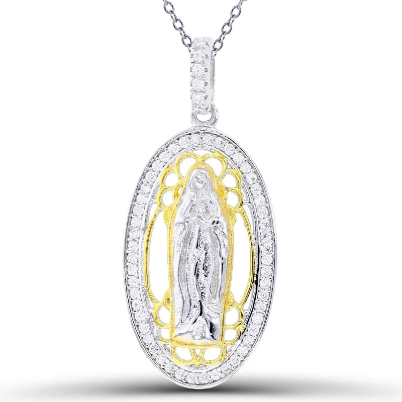 Elegant Jewelry, Exclusive Prices – Shop Now Two-Tone Sterling Silver Cubic Zirconia 31X14MM 18-inch Religious Guadalupe Pendant