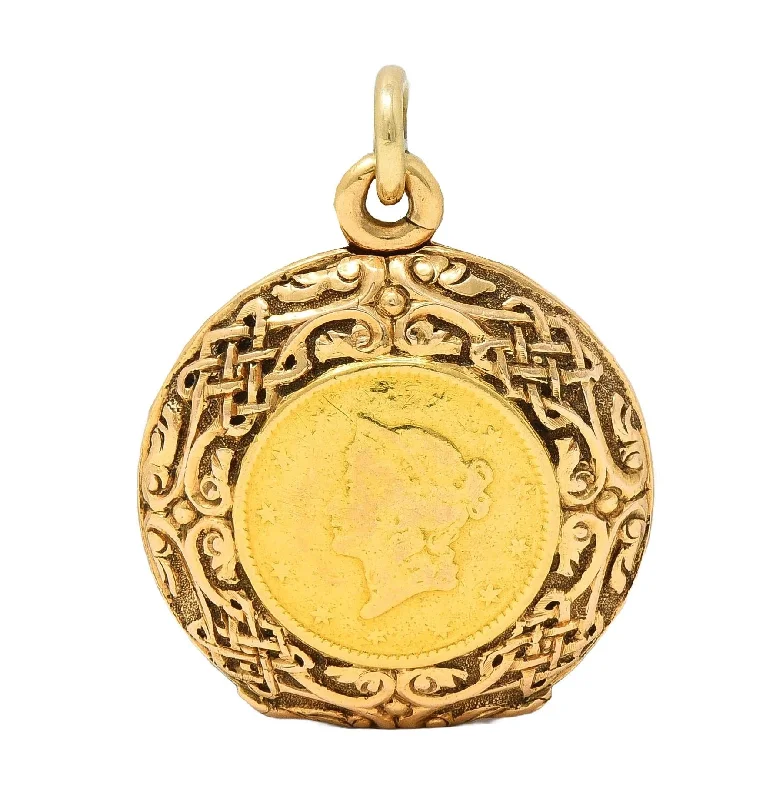 Special Jewelry Deals – Upgrade Your Collection Victorian 14 Karat Rose Gold 1853 US Liberty Dollar Coin Antique Celtic Locket Pendant