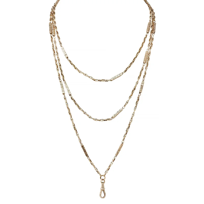 Modern Statement Jewelry For Bold Styling Victorian 9 Karat Yellow Gold Antique 71 In Long Fancy Bar Link Chain Necklace