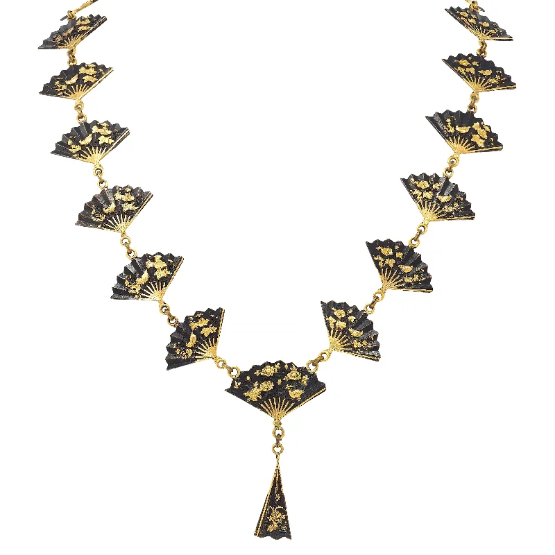 Affordable Elegance – Special Jewelry Sale Now Live Victorian Shakudo 14 Karat Yellow Gold Antique Japanese Fan Link Sautoir Necklace