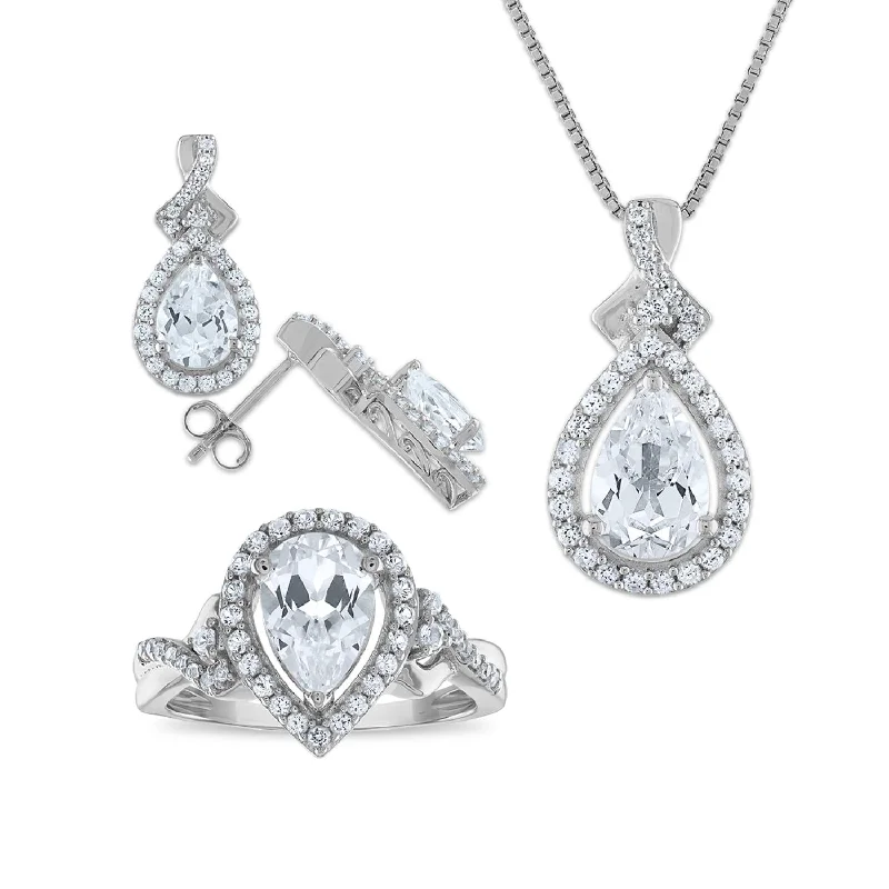Unmissable Deals On Handmade Jewelry Collections White Sapphire Halo Ring Pendant Earring Set in Sterling Silver