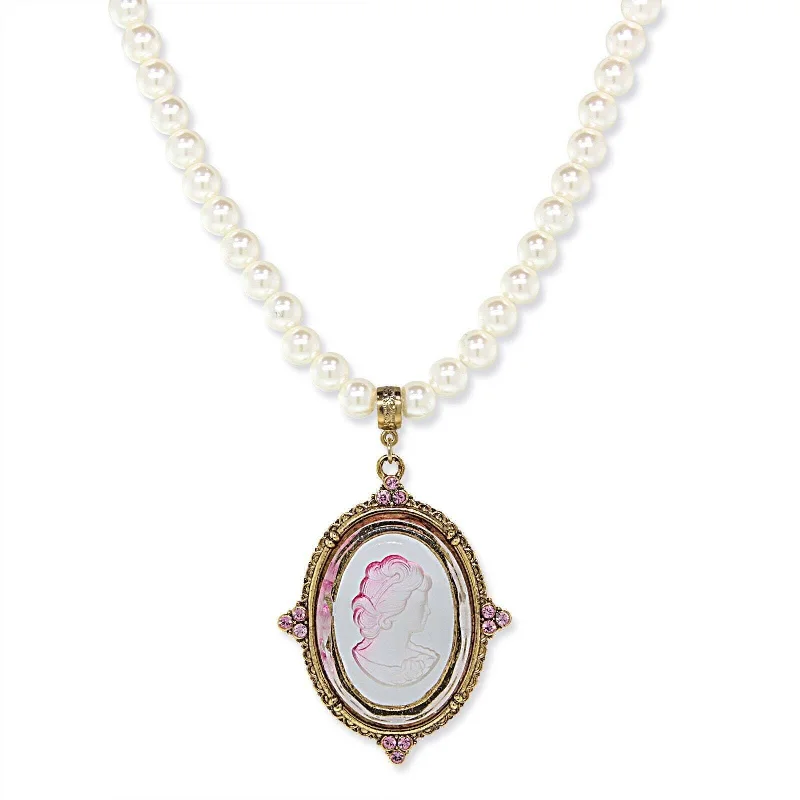 Sparkle For Less – Shop Our Limited-Time Jewelry Deals 1928 Jewelry Crystal Oval Glass Intaglio 8mm Faux Pearl Strand Pendant Necklace 18"