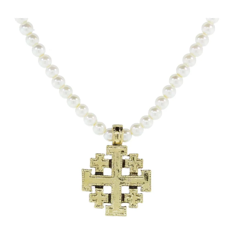 Discounted Luxury Jewelry – Shine Without The Splurge 1928 Jewelry Gold Jerusalem Cross Pendant 4mm Faux Pearl Strand Necklace 15" + 3" Extender