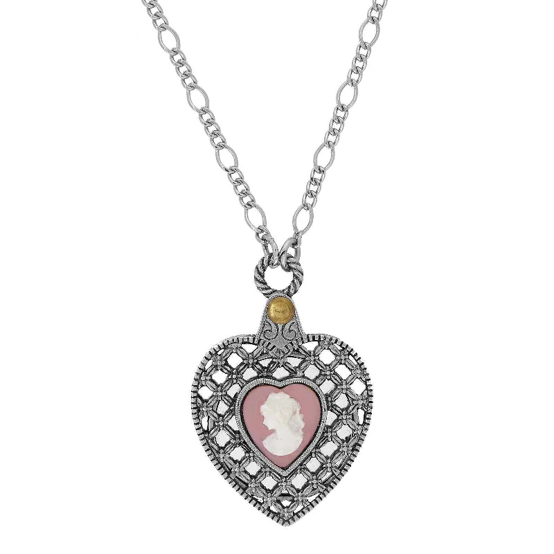 Bestselling Jewelry Now On Sale – Elevate Your Look 1928 Jewelry Pink Cameo Antiqued Heart Mirror Pendant Necklace 30"