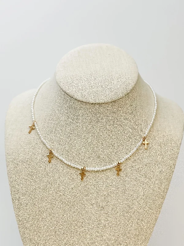 Trending Jewelry Styles Now At Limited-Time Discounts Pearl Strand Cross Station Necklace - Gold