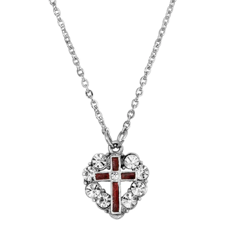 Elegant Jewelry, Exclusive Prices – Shop Now Symbols Of Faith Pewter Blue Enamel Cross Crystal Heart Pendant Necklace 16" + 3" Extender
