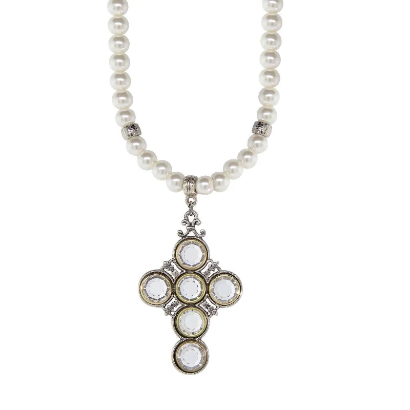 Timeless Jewelry Styles At Wallet-Friendly Prices Symbols Of Faith Pewter Crystal Cross 6mm Faux Pearl Strand Pendant Necklace 15" + 3" Extender