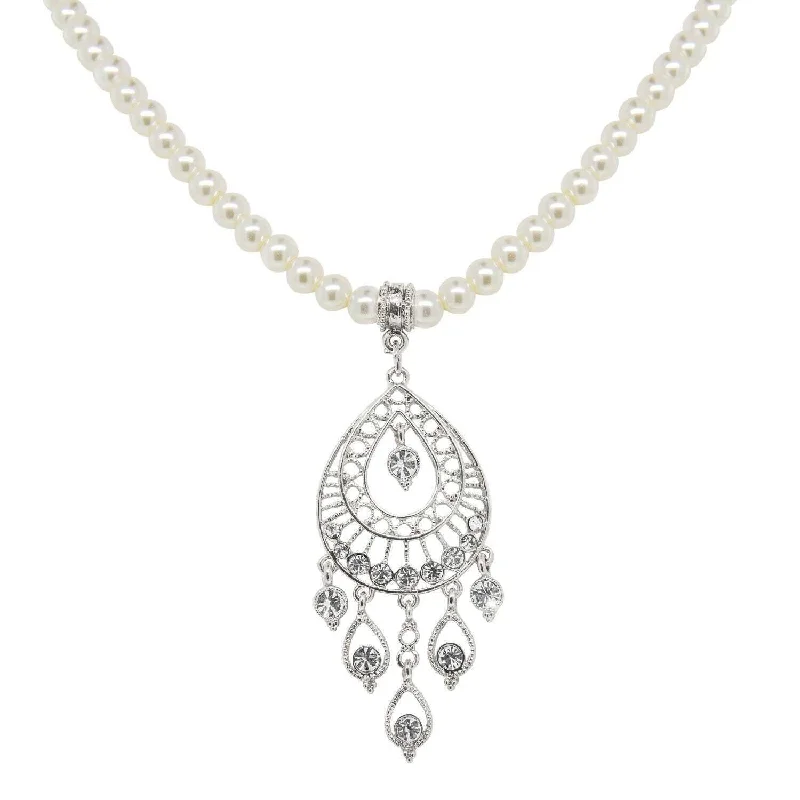 Limited-Stock Jewelry Sale – Shop Before It's Gone 1928 Bridal Crystal Filigree Drop On 6mm Faux Pearl Strand Pendant Necklace 15"