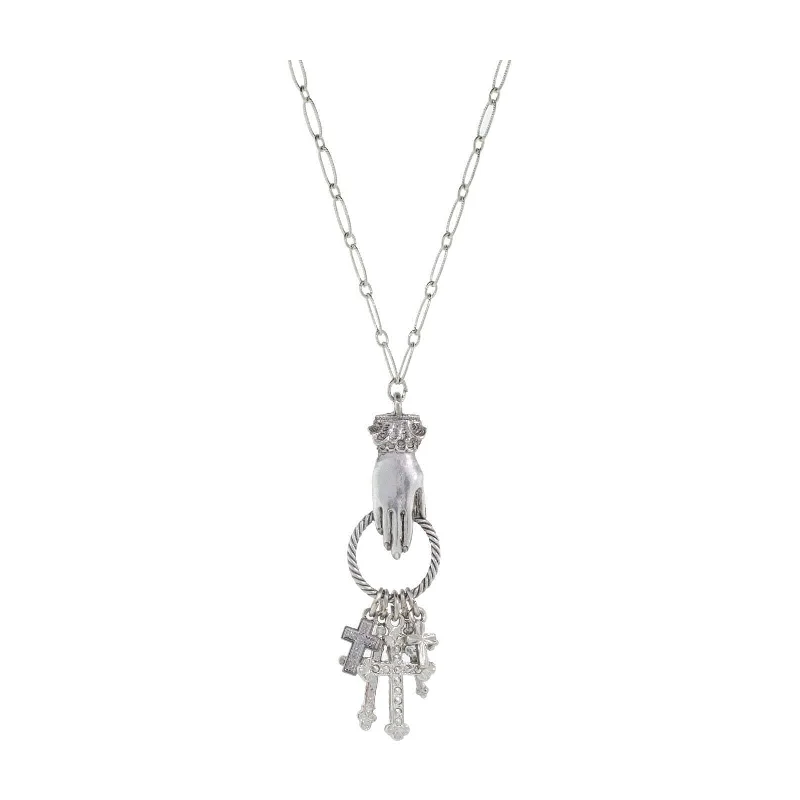 Bestselling Jewelry Now On Sale – Elevate Your Look 1928 Jewelry Antiqued Pewter Hand And Multiple Cross Charm Pendant Necklace 28"