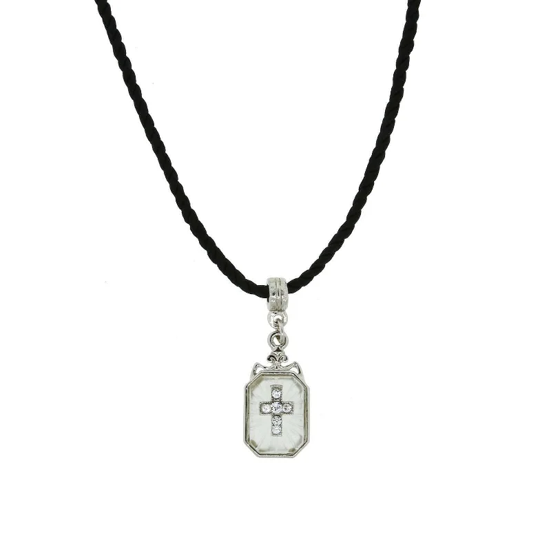 Elegant Jewelry, Exclusive Prices – Shop Now Symbols Of Faith Frosted Glass Crystal Cross Pendant Black Twist Rayon Cord Necklace 15" + 3" Extender