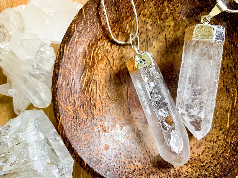 Personalized Engraved Jewelry For Meaningful Gifts Clear Quartz Point Necklace || Silver Dipped