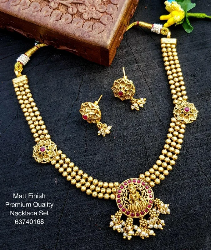 Discounted Jewelry For A Glamorous Look Premium Antique Gold Finish Ruby/Emerald Laxmi motif Necklace set