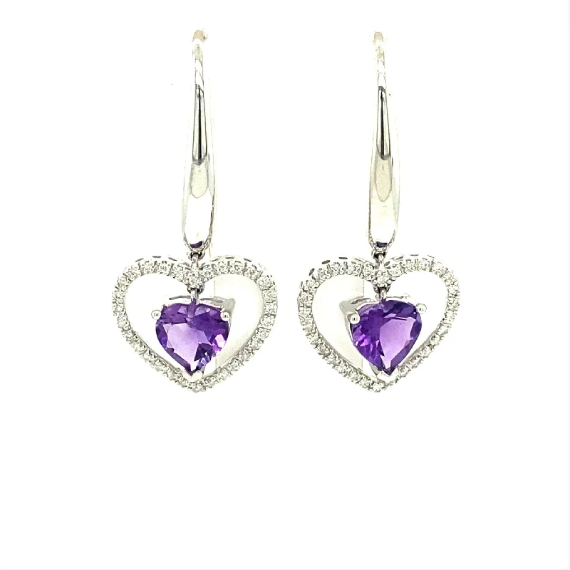 Huge Savings On Timeless Jewelry Collections Amethyst and Diamond Heart Shaped Dangle Earrings