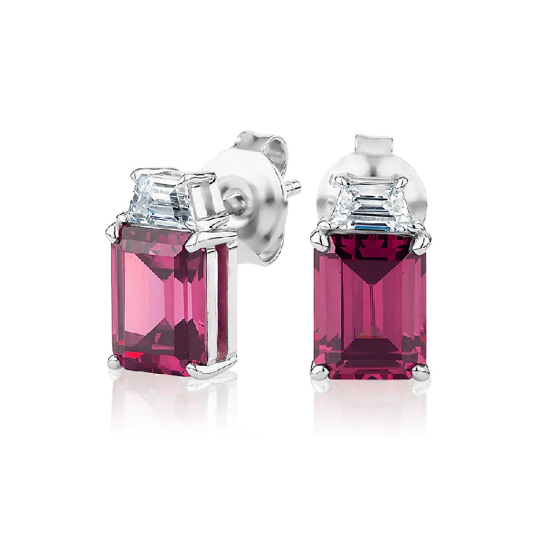 Stunning Jewelry At Even More Stunning Prices Emerald Cut and Trapezoid fancy earrings with rhodolite and diamond simulants in sterling silver