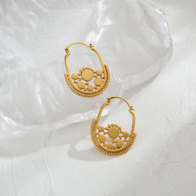 Fine Jewelry, Limited-Time Offers Available Boho Chic Gold Hoop Earrings with Intricate Tribal Design jlt11760
